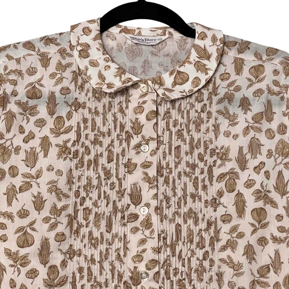 Ship'n Shore Floral Corn Print Short Sleeve Blouse Size 34 Brown & White Resort - Picture 3 of 6